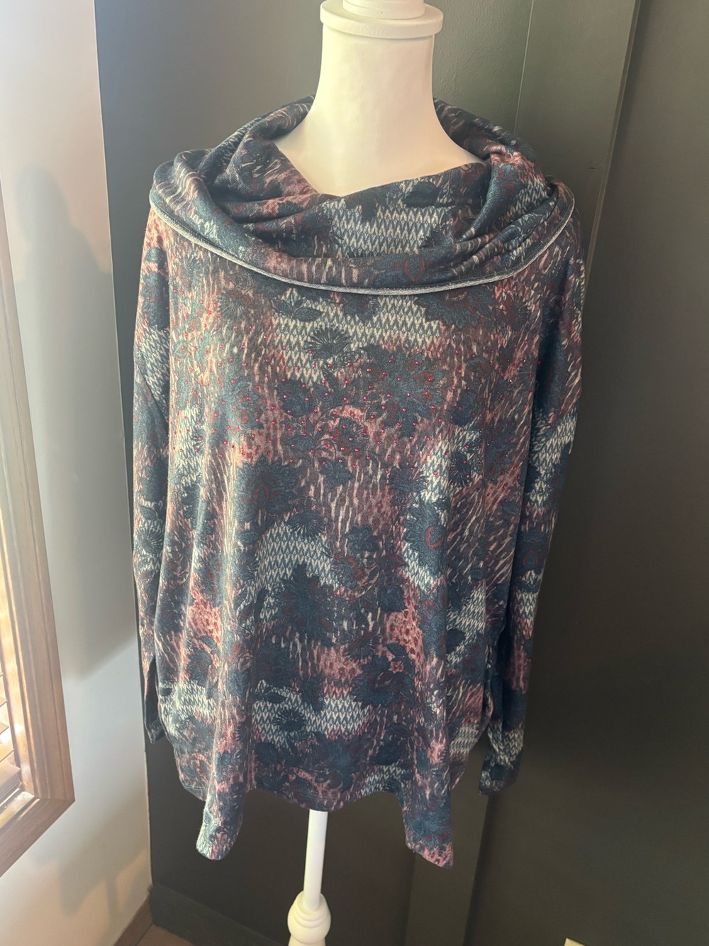 One World 1X Oversized Cowl Neck Tunic Top Boho Floral Embellished